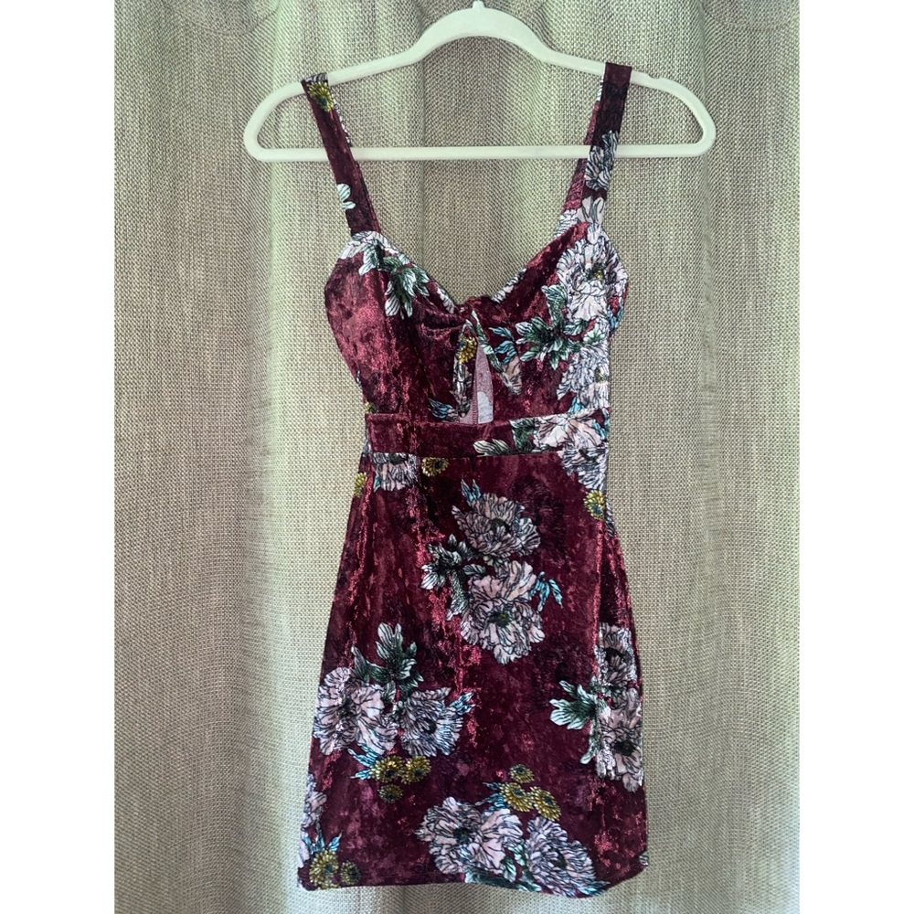 Maroon, floral, suede dress